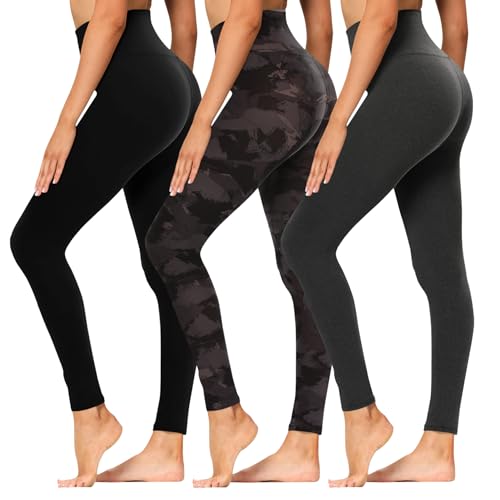 High Waisted Leggings for Women - Soft Athletic Tummy Control Yoga Pants for Cycling Dance Tights No Pockets Small-Medium 3 Pack Black, Black Printed, Heather Grey