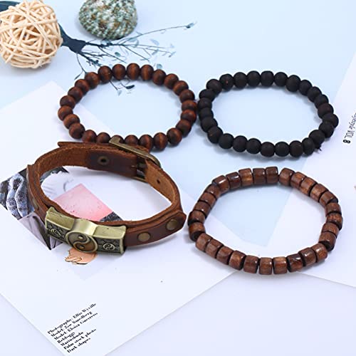 Fldc 4Pcs Yin Yang Brown Wooden Beaded Wrap Bracelet For Men Women Cuff Set Leather Wood Bead Multi Layer Ying Strand Wrist Bracelets Wristbands Adjustable Black, 10 Inches, Br103-A #TOP1