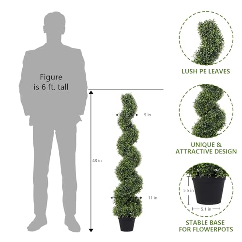 THE BLOOM TIMES 4ft Spiral Topiary Trees Artificial Outdoor Set of 2, 48" Faux Boxwood Plants Outside - All-Year Green Fake Twisted Tree for Garden Front Porch Planter Decor 4 Foot