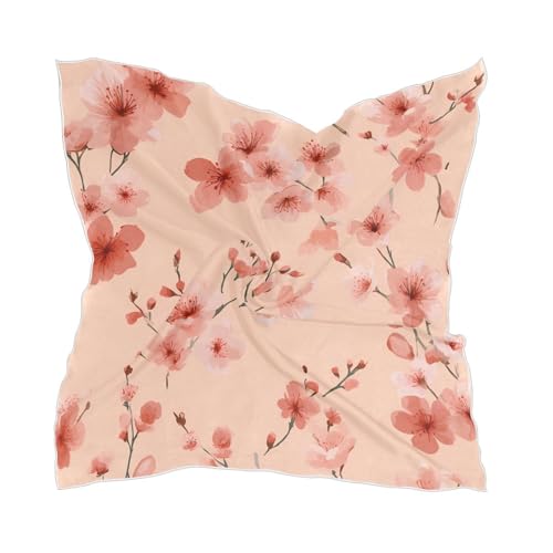 24inch Women's Square Silk Cherry Blossom Pattern Hair Scarves and Wraps Headscarf for Gift