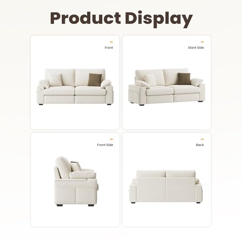 Image of MALOL 76 inch 3 Seater Loveseat, Upholstered Mid-Century Modern Couch with USB Type C Ports, 4 Pillows and Storage Armrest Cloud Foam Sofa for Living Room /Small Spaces, Beige