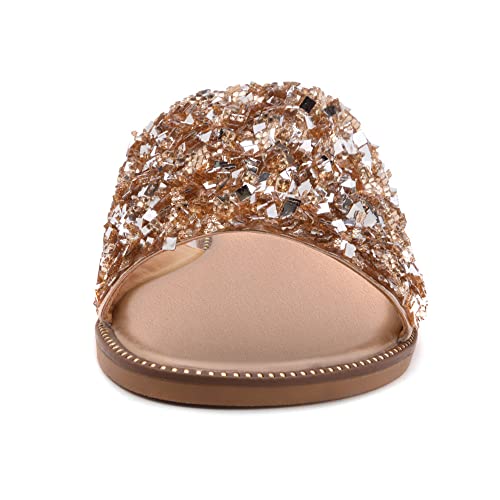 Shoe Land Joli Women's Open Toe Rhinestone Flat Sandals Glitter Slide Slip On Shoes Rosegoldsq 6.0 #TOP1
