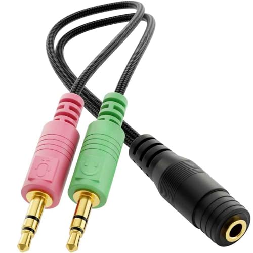 CABLEPELADO Adaptador Divisor de Auriculares y micrófono, Splitter de Auriculares, Divisor de Audio y micrófono, Adaptador TRRS, 1x 3,5mm CTIA 4 Polos TRRS a 2X 3,5mm Hembra, 20 cm