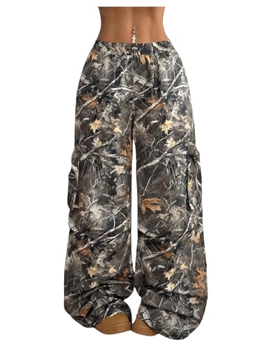 Verdusa Women's Camo Cargo Baggy Pants Y2K Streetwear Drawstring Wide Leg Trousers Flare Sweatpants