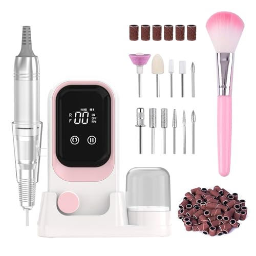 Professional Nail Drill Electric 35000RPM Pink Nail File for Acrylic Gel Nails Polish Removing Portable Cordless Rechargeable Nail Drill Kit with Base for Home Salon Manicure Pedicure