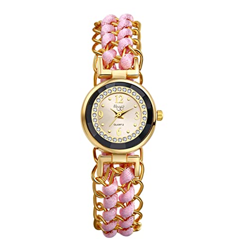 JewelryWe Reloj de Pulsera para Mujer, Reloj de Mujer con Hebilla Retráctil de Cuerda Trenzada de Diamantes Completos, Rosa JewelryWe Reloj de Pulsera para Mujer, Reloj de Mujer con Hebilla Retráctil de Cuerda Trenzada de Diamantes Completos, Rosa