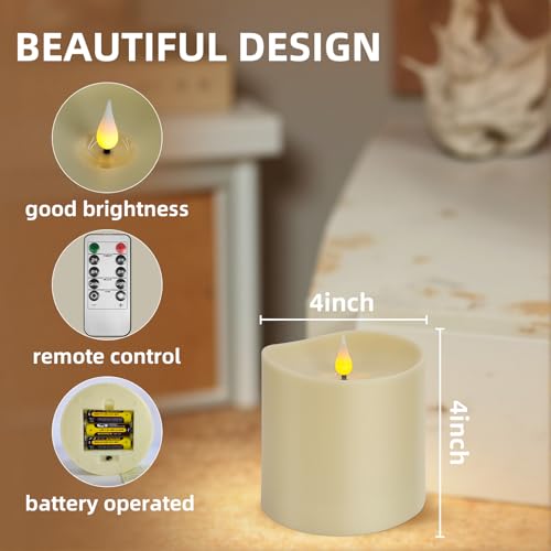 Image of Flameless LED Candle with Remote, 4x4 Inch Battery Operated Plastic Pillar Candle, Realistic Flickering Flame, Timer & Brightness Control, Ivory - Safe for Kids & Pets, Great for Home & Holiday Decor