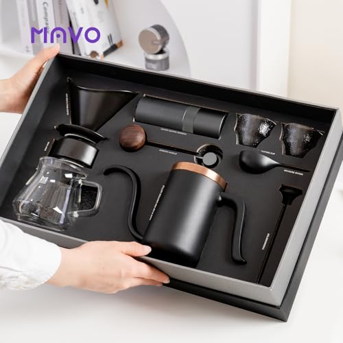 Image of MAVO Pour Over Coffee Maker Set, 12 in 1 Set Box, Manual Coffee Grinder, Pour Over Kettle, Ceramic Pour Over Coffee Dripper with Tray, Glass Servers, Coffee Cup, Paper Filter, Black