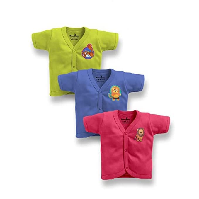 Tinchuk Baby Boy's and Baby Girl's Summer Cotton Front Open Half Sleeves Jhabla Multicolored Solid Color Tees with Cute Cartoon Print Cotton Jhabla Vest Pack of 3 (Multicolor, 9-12 Months)