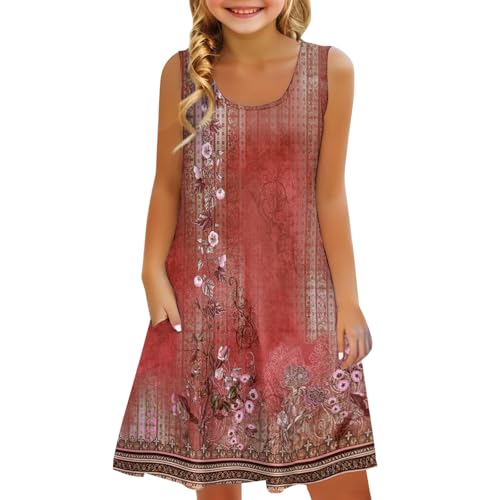 Mjjsk Vestido de verano para niñas, estilo bohemio, para la playa, casual, a la moda, floral, cómodo, suave, ligero, sin mangas, acampanado, W-rojo, 10-11 años