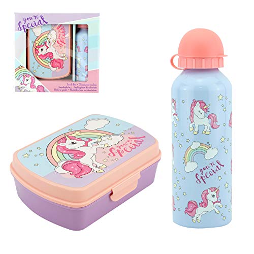 Juego de 2 botellas de agua para niños y niños con licencia para almuerzos de unicornio para...
