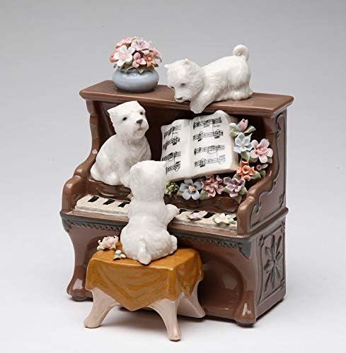 Cosmos Gifts Fine Porcelain Playful Westie West Highland White Terrier Dogs Playing Piano Music Box Figurine, 5-1/4 in