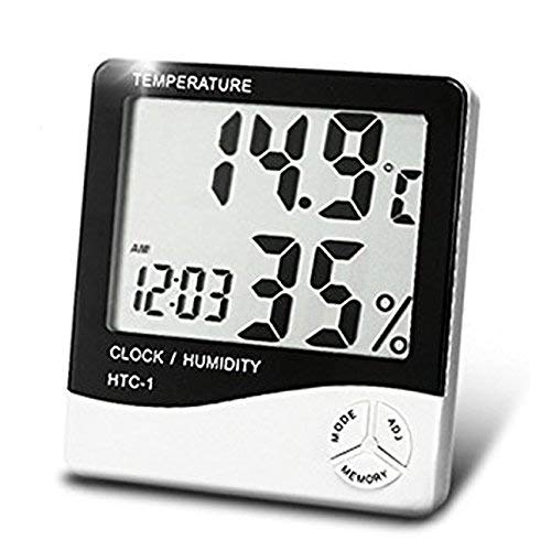 SAYKHUS Plastic Hygrometer Temperature Thermometer Humidity Meter with Time Alarm Clock with Big LCD Display All in One HTC-1 (White)