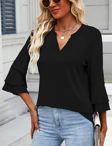 3/4 Length Sleeve Womens Tops V Neck Tunics Ruffle Sleeve Tops Blouses for Women Dressy Casual2
