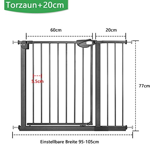 XMTECH Türschutzgitter Ohne Bohren Treppengitter für Kinder 95-105cm breit,Auto-Close Baby Türgitter Treppen Absperrgitter mit Druckbefestigung,Safety Gate, 180° Zweiwegeöffnung Schwarz