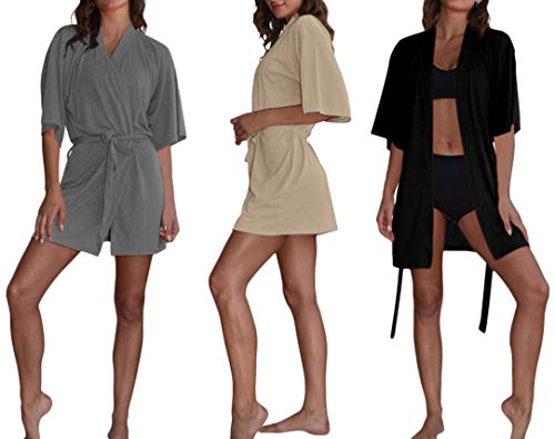 Women's Kimono Robes (3 -Pack) Lightweight Bath Robe/Soft Sleepwear V-Neck Ladies Nightwear - Coverup