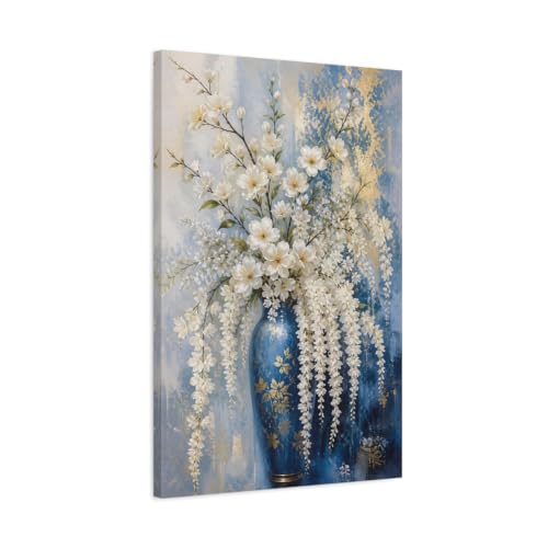 Tableau fleurs blanches et bleu 50x75 cm pour décoration de salon