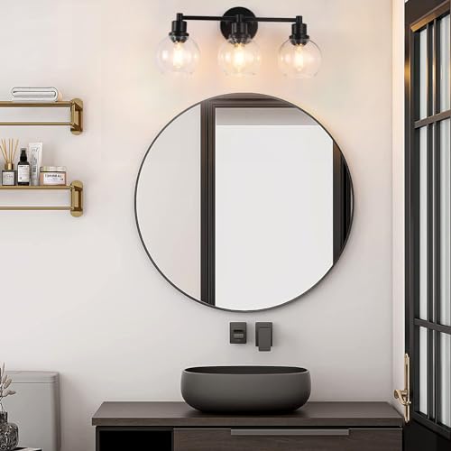 Image of Bathroom Vanity Light 3 Light, Black Bathroom Light Fixtures with Clear Globe Glass Shade, Matted Black Wall Sconce Over Mirror for Kitchen, Living Room