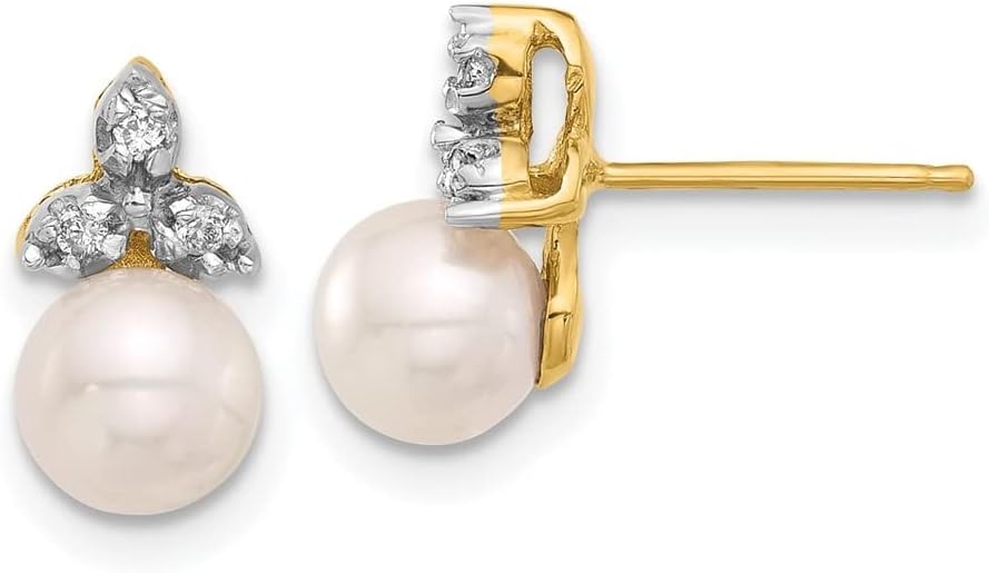 Diamond2Deal 14k Yellow Gold 5-6mm Round White Fresh Water Cultured Pearl and .06 cttw Diamond Stud Earrings (L- 0.44 in, W- 0.24 in)