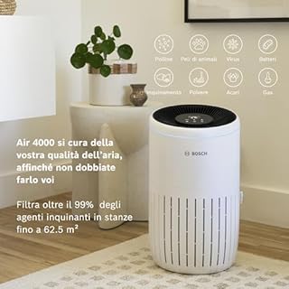 Bosch Air 4000 Purificatore d’Aria - Rimuove gli inquinanti, include filtro aria e modalità sleep (< 25 dB(A)) - per superfici fino a 62,5 m² - con modalità automatica - CADR: 300 m³/h
