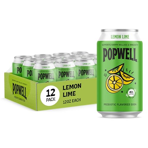 Image of Popwell Lemon Lime Caffeinated Better-For-You Prebiotic Soda, with 6g Fiber, 1g Sugar, Vitamins and Immunity Support, 12 fl oz Cans (pack of 12)