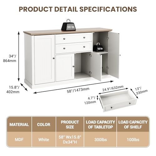 GAOMON 58" Sideboard Buffet Cabinet with Storage with 4 Doors & 2 Drawers, Farmhouse Wood Cupboard Kitchen Pantry Storage Cabinet Coffee Bar Station for Kitchen, Living Room, Dining Room