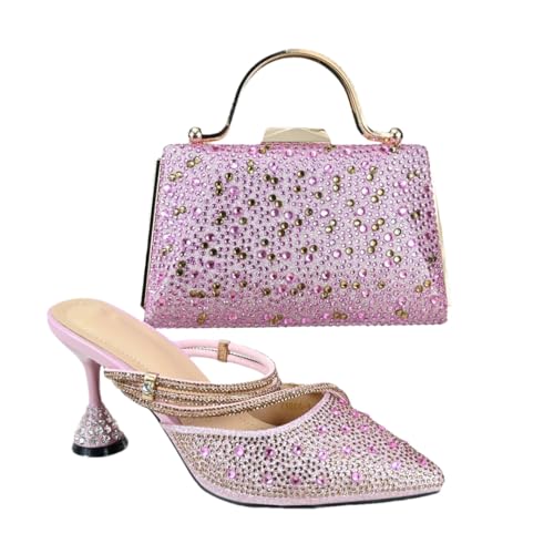 Chaussures et sac italiens rose sexy ornés de strass pour femme