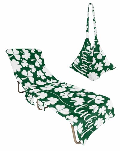 St. Patrick's Day Beach Lounge Chair Towel Cover, Soft Chaise Lounge Towel with Side Pockets Patio Pool Chairs Cover for Beach/Pool Sunbathing 29x85 Dark Green Lucky Clover
