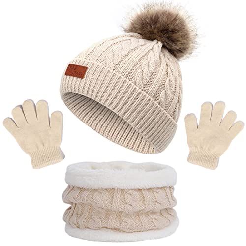 NLAND 3 in 1 Set de Bufanda Gorro Guantes Niña Niño Conjunto de Cálido Gorro de Punto Invierno con Pompon, Braga Cuello con Forro Polar y Guantes Termicos para Niña Niño 2-6 Años(Beige,Talla única)