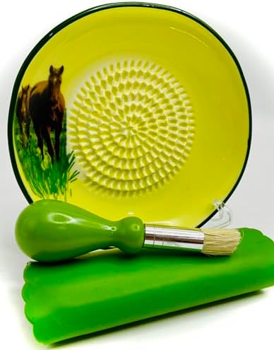 All-in-one Premium Ceramic Garlic Grater Plate 4-Piece Set - Horse Design, Classic Style - For Garlic, Ginger, Chocolate, and more! - Comes with 5.25" Plate, Peeler, Brush, and Stand