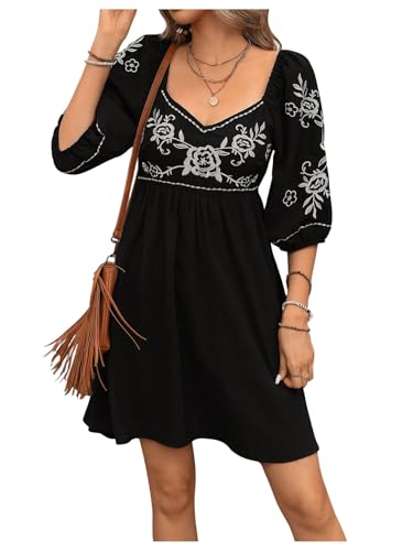 Floerns Women's Embroidery Floral Bishop Sleeve Sweetheart Neck Boho A Line Dress