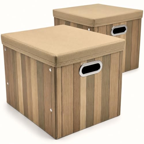 ZUNOVI Cajas Almacenaje con Tapa Pack de 2 – Cajas Organizadoras Decorativas para Armario, Estanterías y Hogar, Diseño Efecto Madera, Resistentes y Plegables 38x26x24,5 cm