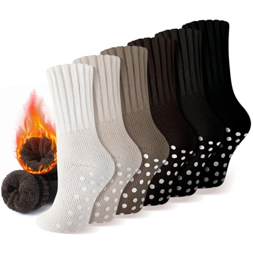 Geyoga 6 Pairs Thermal Slipper Socks with Grips Winter Thick Warm Anti Slip Hospital Socks Non Slip Ski Boot Stockings for Women Pilate Yoga Christmas Gifts