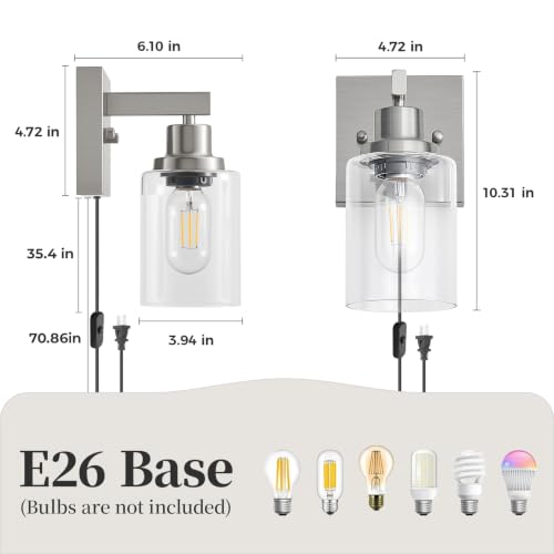 Image of Plug in Wall Sconces Set of 2, Modern Corded Wall Sconce, Bedroom Wall Sconces with Clear Glass, Wall Decor Set of 2 Brushed Nickel Wall Lamps for Bedroom Living Room
