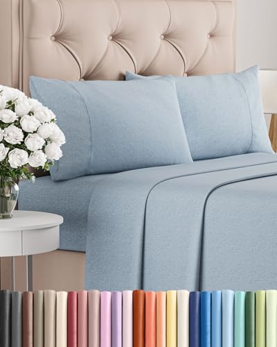 Image of Twin 4 Piece Bed Sheet Set - Breathable & Cooling Sheets - Heathered Blue | Ultra Soft Hotel Luxury Bedding Set with 8-16 Inch Deep Pockets, 1 Flat & 1 Fitted Sheet & 2 Pillowcases, Wrinkle & Fade Free