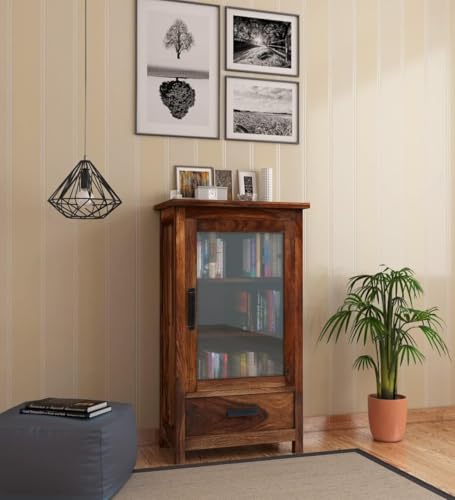Image of DADDYFURNITURE? Solid Sheesham Wood Kitchen Cabinet Display Rack with 1 Drawer and 2 Shelf for Living Room | Solid Wood Bookcase for Home Furniture. (Honey)