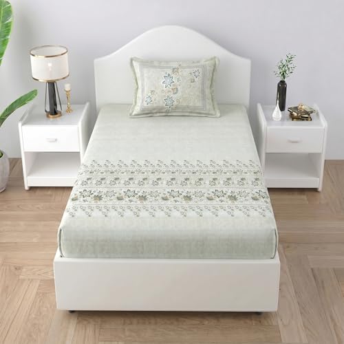 Image of Mafatlal 186 TC Spring Glory Graceful Pure Cotton Single Flatsheet (60 x 90 Inch) | Breathable Summer Comfort | Wrinkle-Free Floral Bedsheet with 1 Pillow Cover, Floral Green