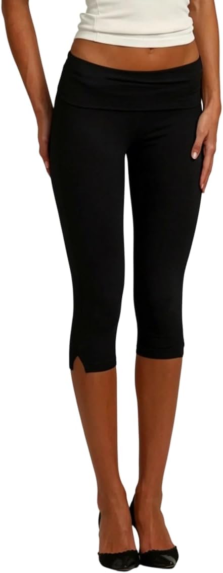 Women Fold Over Capri Leggings with Slit Y2k Low Rise Capri Pants Dressy Casual Split Hem Cropped Pants