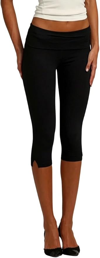 Women Fold Over Capri Leggings with Slit Y2k Low Rise Capri Pants Dressy Casual Split Hem Cropped Pants
