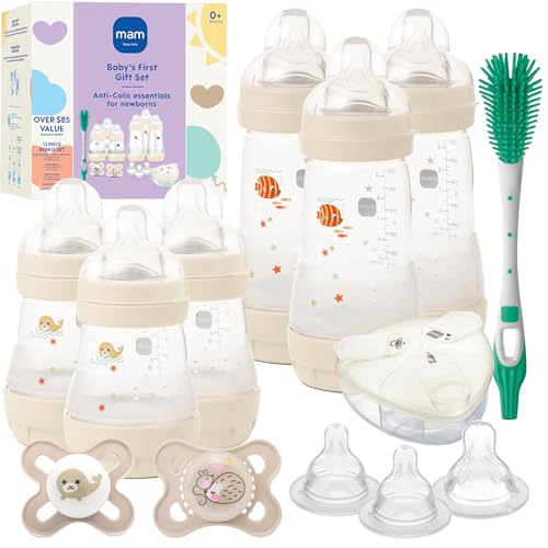 Image of MAM Newborn Essentials Anti-Colic Baby Bottle & Pacifier Set 6 Easy Start Bottles (5oz & 9oz) 8 SkinSoft Nipples (Slow–X-Fast Flow) | Self-Sterilizing, Glow in The Dark Pacifiers & Brush