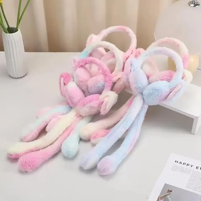 KHAMKARI Rainbow Color Adorable Bunny Moving Ear Earmuffs for Kids | Soft Plush Ear Muffs with Sound | Warm Winter Faux Fur Ear Warmers for Boys & Girls 1