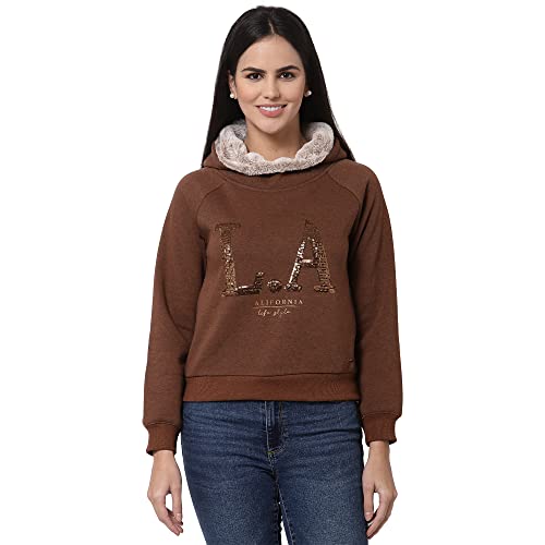Image of Juelle Women Embellished Brown Hooded Fleece Sweatshirt