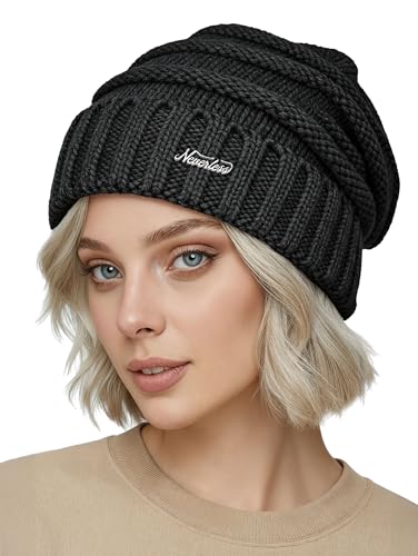 Neverless® Damen Strickbeanie Slouchy Strickmütze ohne Bommel Wintermütze mitUmschlag ungefüttert Grobstrick Schwarz Unisize