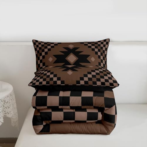 Image of Feelyou Aztec Comforter Set Full Size Brown Black Checkered Bedding Set for Kids Boys Girls Boho Western Decor Duvet Quilt Farmhouse Bedroom Decor Microfiber 3 Pcs with 2 Pillow Cases