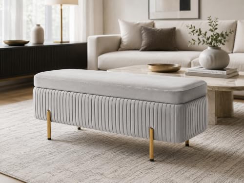 Image of LEGACY OF COMFORT Miajah Velvet Upholstered Flip Top Storage Bench 2 Seater Sofa Upholstered Ottoman Bench with Storage for Living Room, Bedroom (Silver Grey)