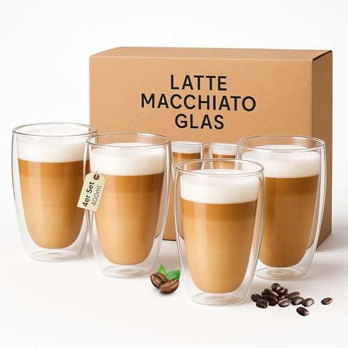 Latte Macchiato Gläser 400 ml 4er Set doppelwandige Kaffeegläser Thermogläser aus Borosilikatglas & HLKauf-Block