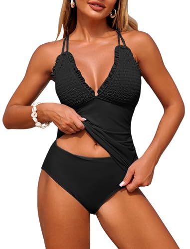 ZAFUL Womens Tankini Bathing Suits Modest Two Piece Swimsuit Smocked Push Up Slimming Tankinis with High Waisted Full Coverage Bottom Sexy Retro Adjustable Straps Ruched Tummy Control Swimwear Black L