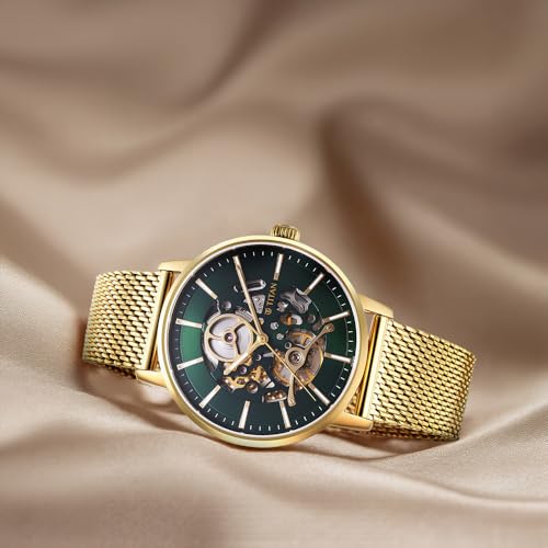 Image of Titan Mechanical Slimline Automatic Green Dial Gold Stainless Steel Strap Watch for Men - NT90159YM01