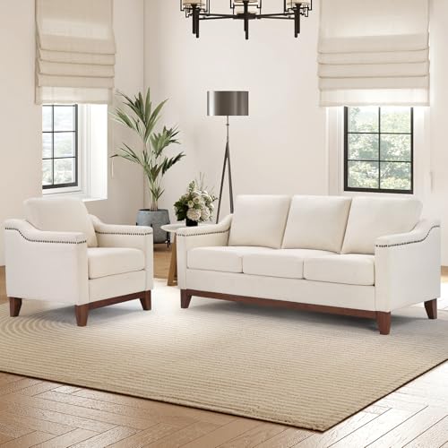 Image of HAOMARKETS 2 Piece Sofa Set, Single Armchair and 3-Seater Sofa Couch with Solid Wood Legs, Vintage Rivet Comfy Sofa with Thicked Cushion for Living Room Apartment Office, Beige
