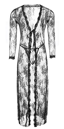 Lingerie for Women Plus Size Long Lace Kimono Dress Nightgown Set Mesh Chemise Cover-ups (Black,2XL)